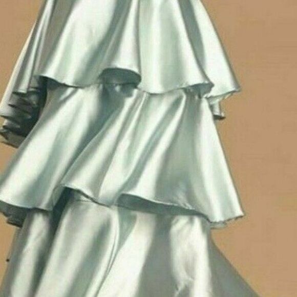 Lulus Mint Blue Satin Tiered Asymmetrical Midi Dress - Picture 6 of 14